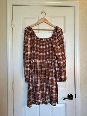Copper Key Brown Plaid Long-Sleeve Smocked Dress